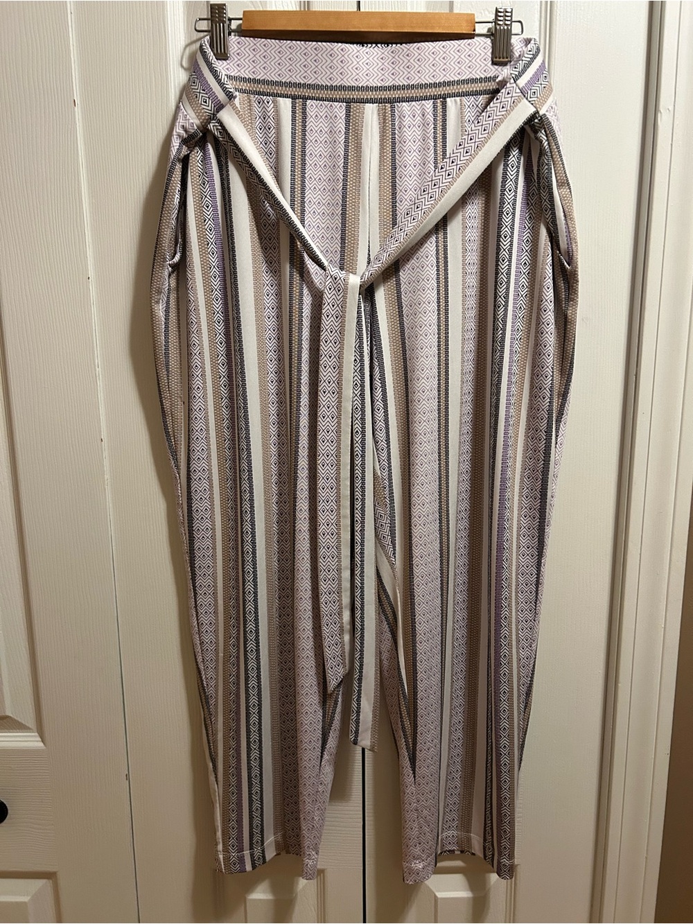 NYC Striped Wide-Leg Tie-Waist Pants in Lavender, Cream & Taupe